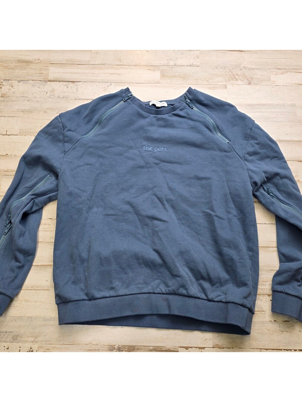 The Port Studio Sweatshirt S/M Blue Cotton Crewneck Zipper Shoulder Sleeve
